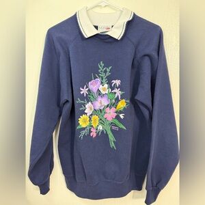 VTG Morning Sun Flowers Collared Sweatshirt Pullover Womens L Cottage Core USA